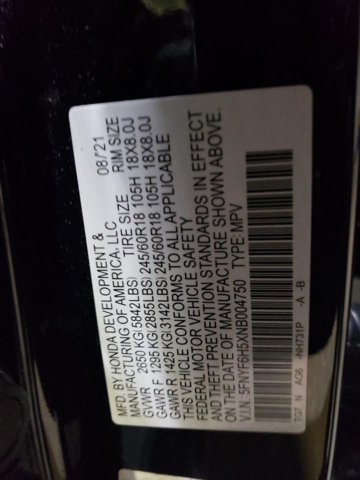 2022 HONDA PILOT EXL VIN:5FNYF6H5XNB004750