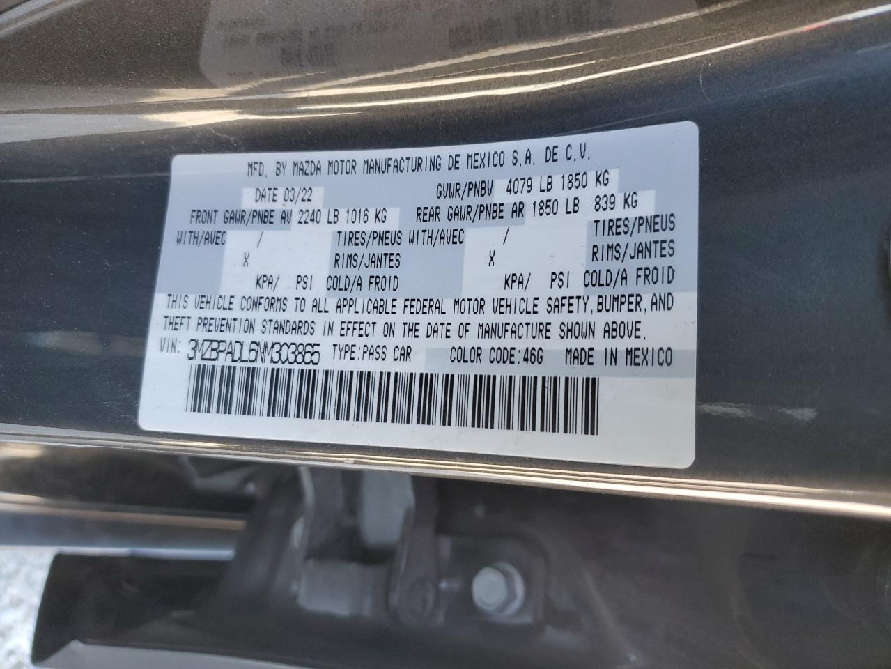 2022 MAZDA 3 PREMIUM VIN:3MZBPADL6NM303865
