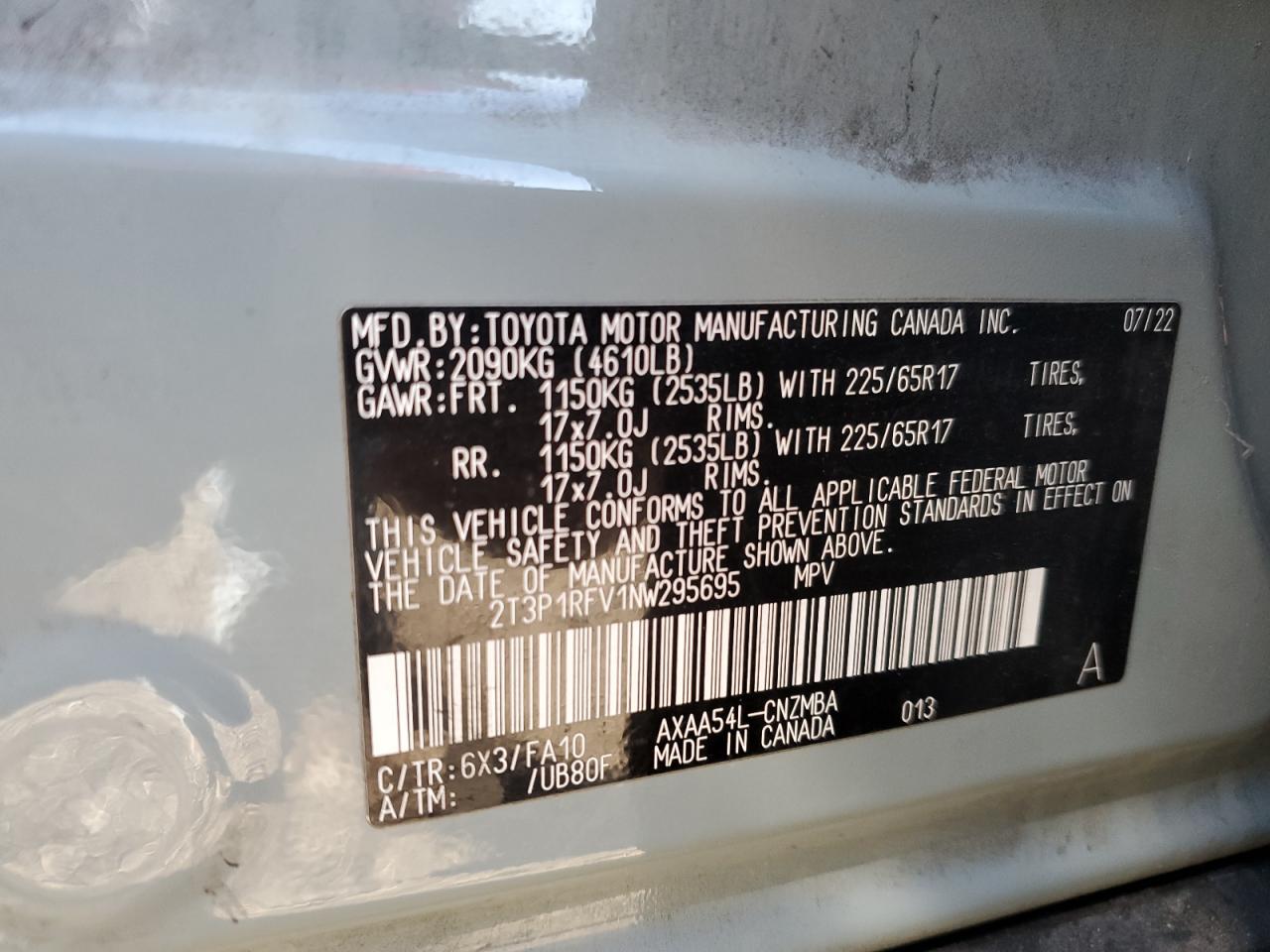 2022 TOYOTA RAV4 XLE VIN:2T3P1RFV1NW295695