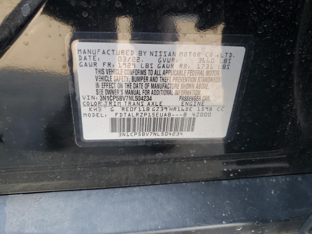 2022 NISSAN KICKS S VIN:3N1CP5BV7NL504234