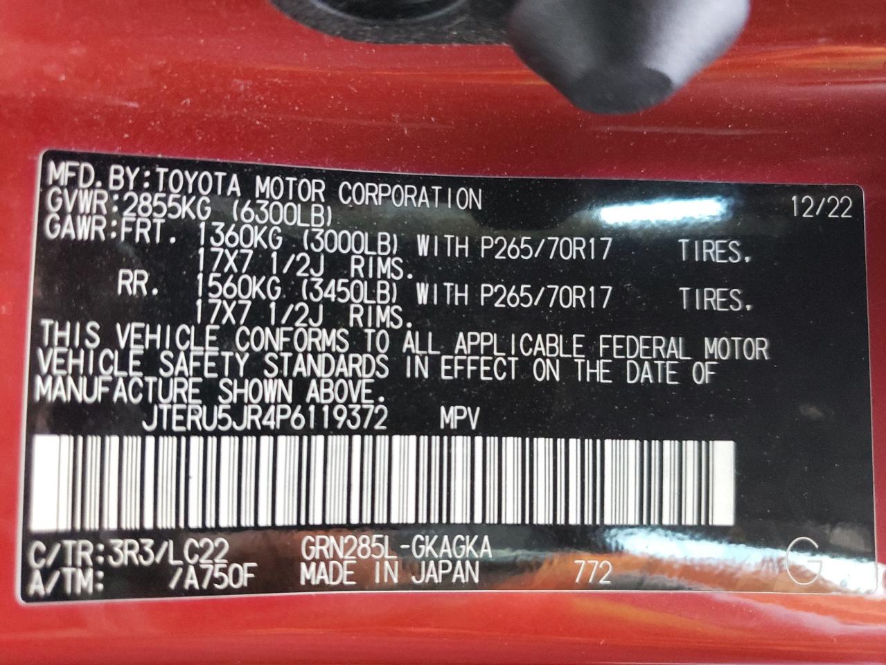 2023 TOYOTA 4RUNNER SE VIN:JTERU5JR4P6119372