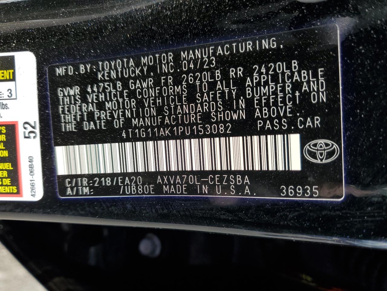 2023 TOYOTA CAMRY SE NIGHT SHADE VIN:4T1G11AK1PU153082