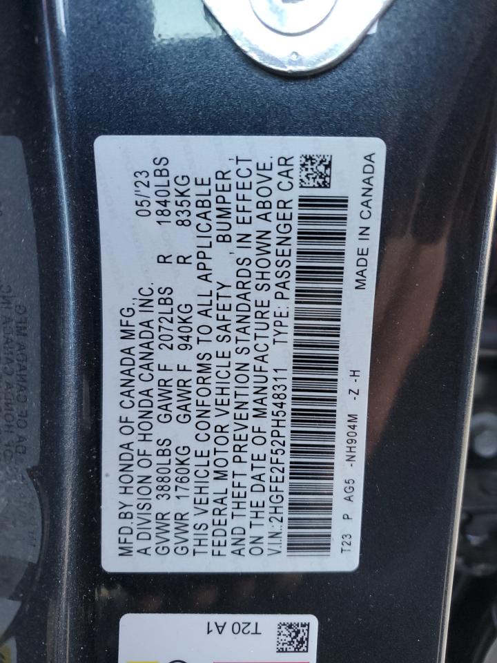 2023 HONDA CIVIC SPORT VIN:2HGFE2F52PH548311