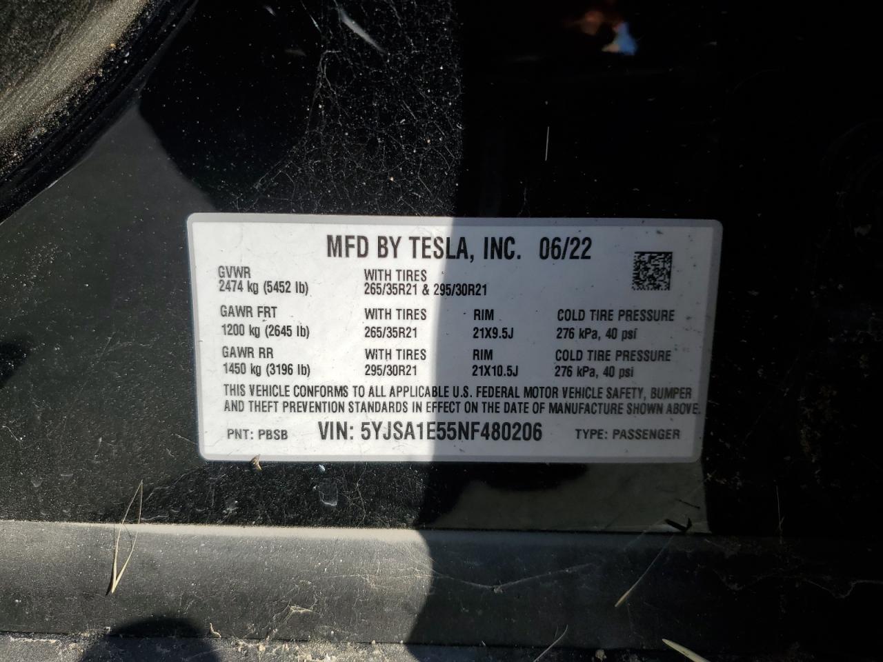 2022 TESLA MODEL S  VIN:5YJSA1E55NF480206