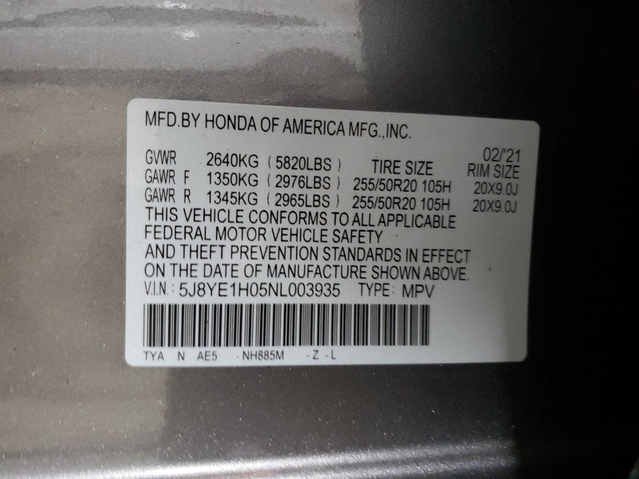 2022 ACURA MDX A-SPEC VIN:5J8YE1H05NL003935