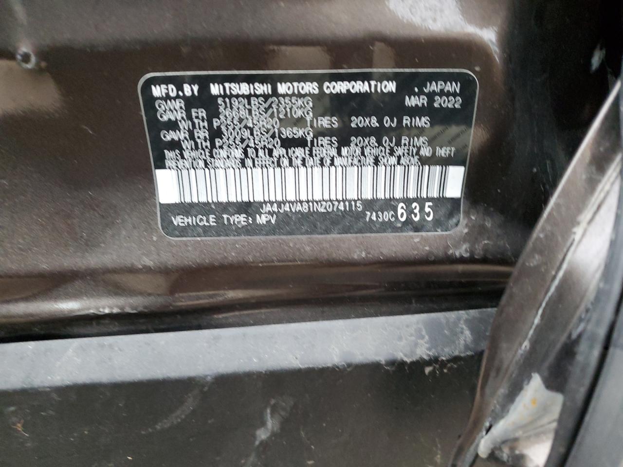 2022 MITSUBISHI OUTLANDER SEL VIN:JA4J4VA81NZ074115