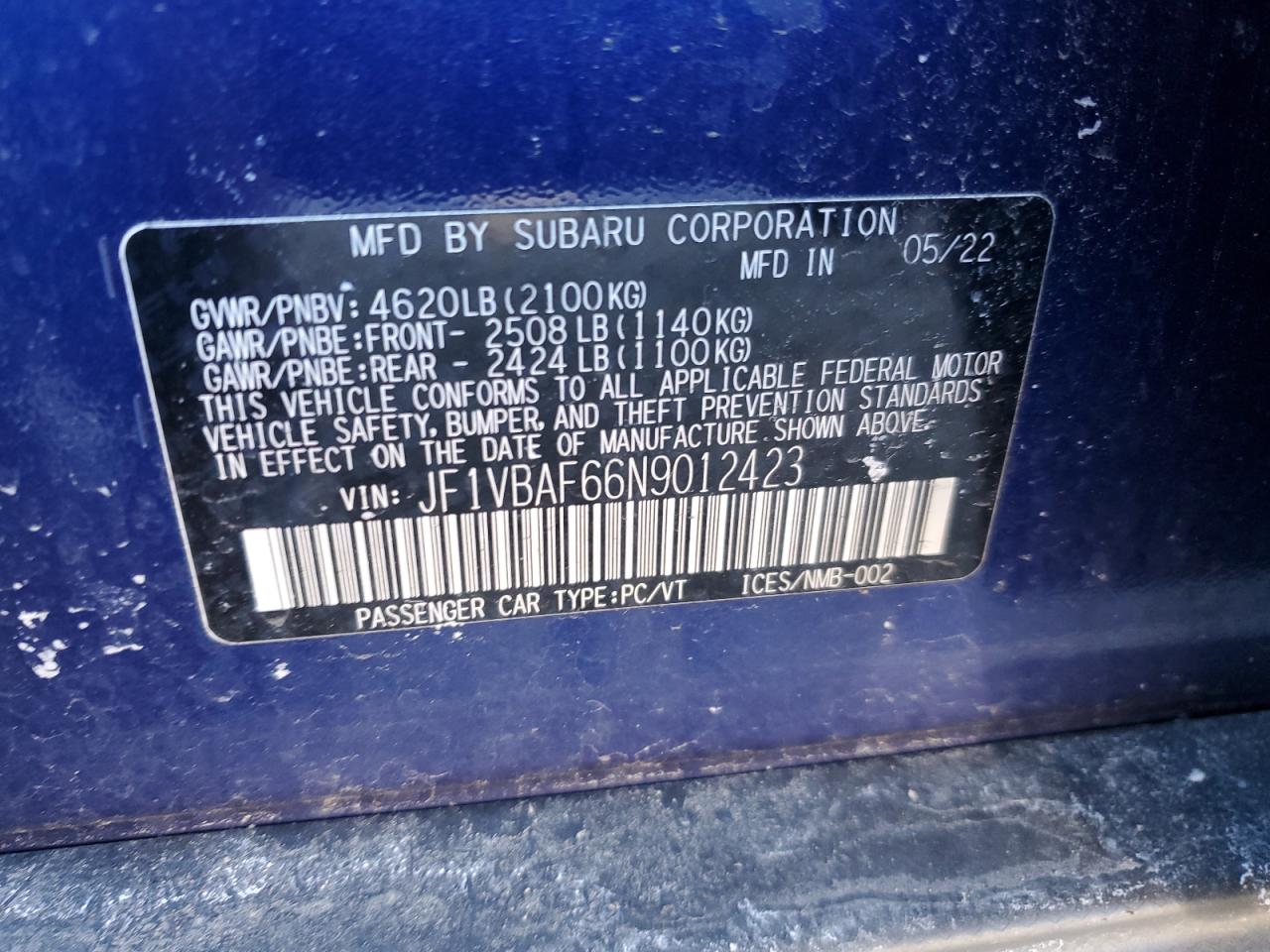 2022 SUBARU WRX PREMIUM VIN:JF1VBAF66N9012423