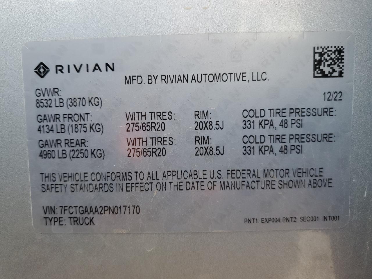 2023 RIVIAN R1T ADVENTURE VIN:7FCTGAAA2PN017170