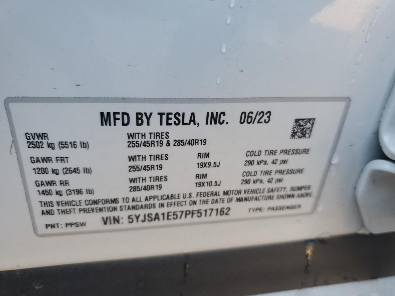 2023 TESLA MODEL S  VIN:5YJSA1E57PF517162