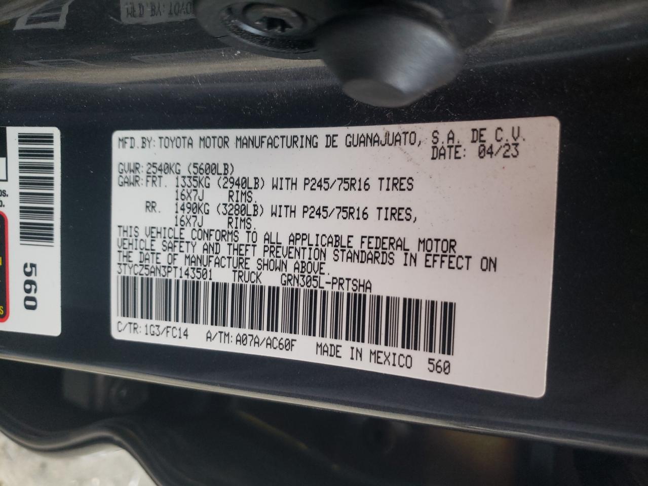 2023 TOYOTA TACOMA DOUBLE CAB VIN:3TYCZ5AN3PT143501