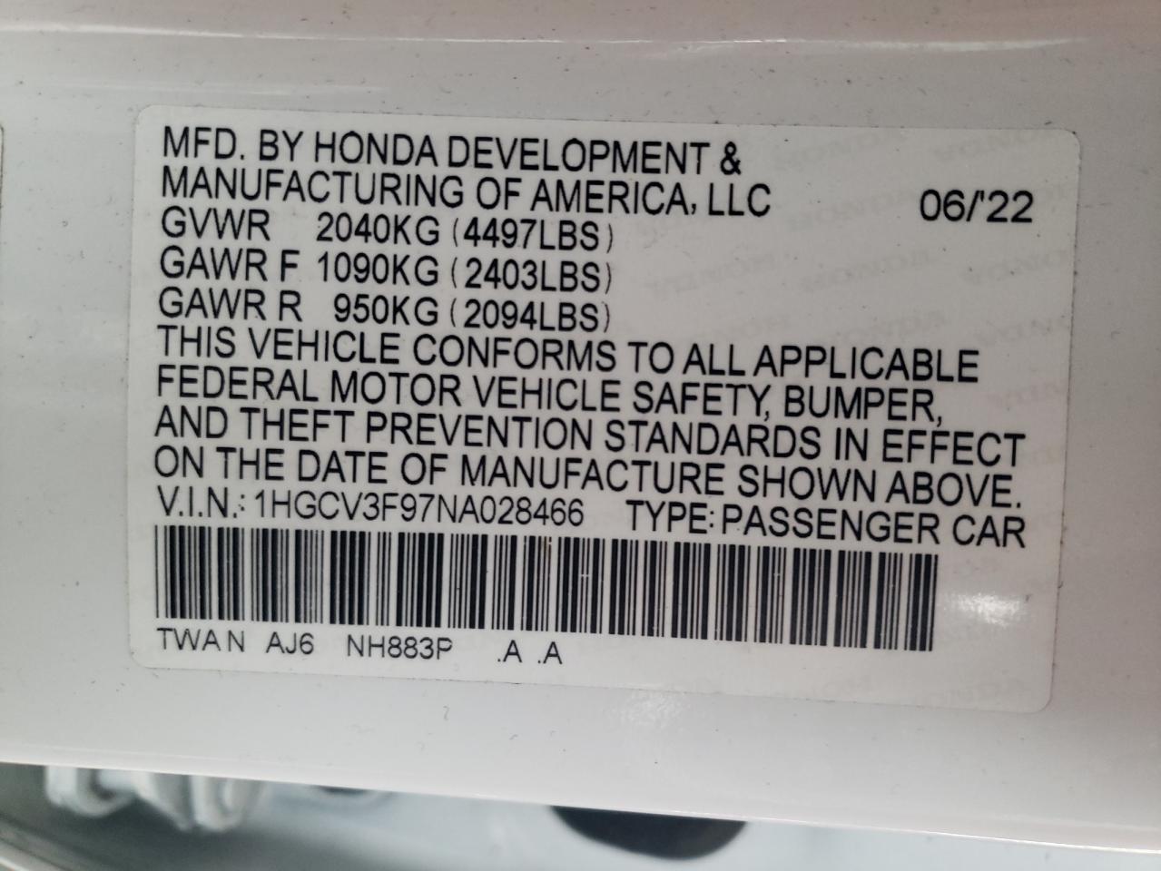 2022 HONDA ACCORD TOURING HYBRID VIN:1HGCV3F97NA028466