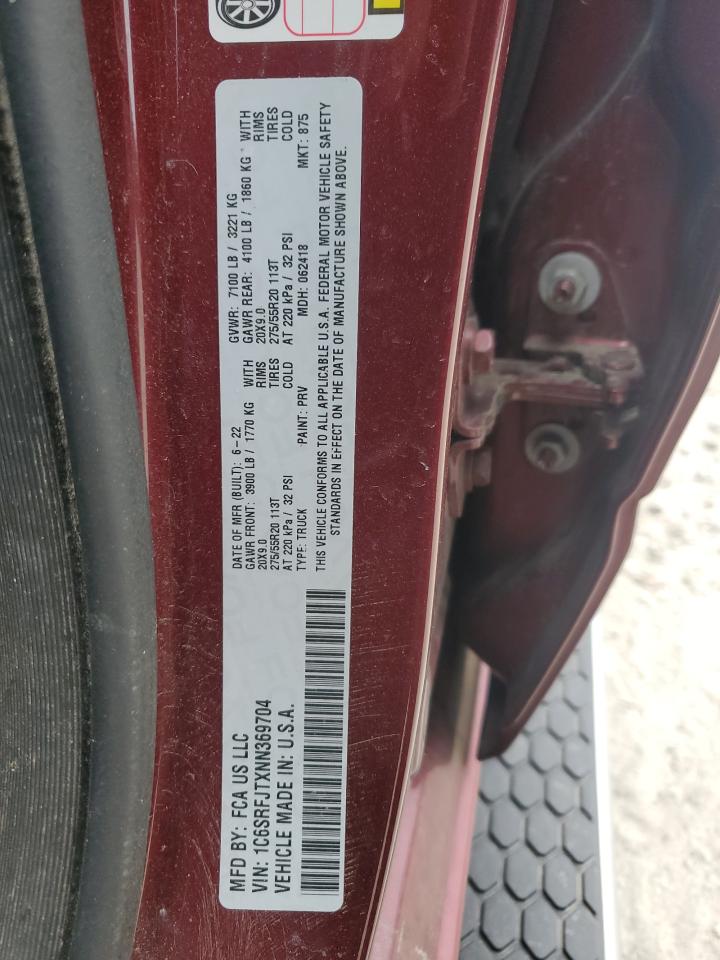 2022 RAM 1500 LARAMIE VIN:1C6SRFJTXNN369704