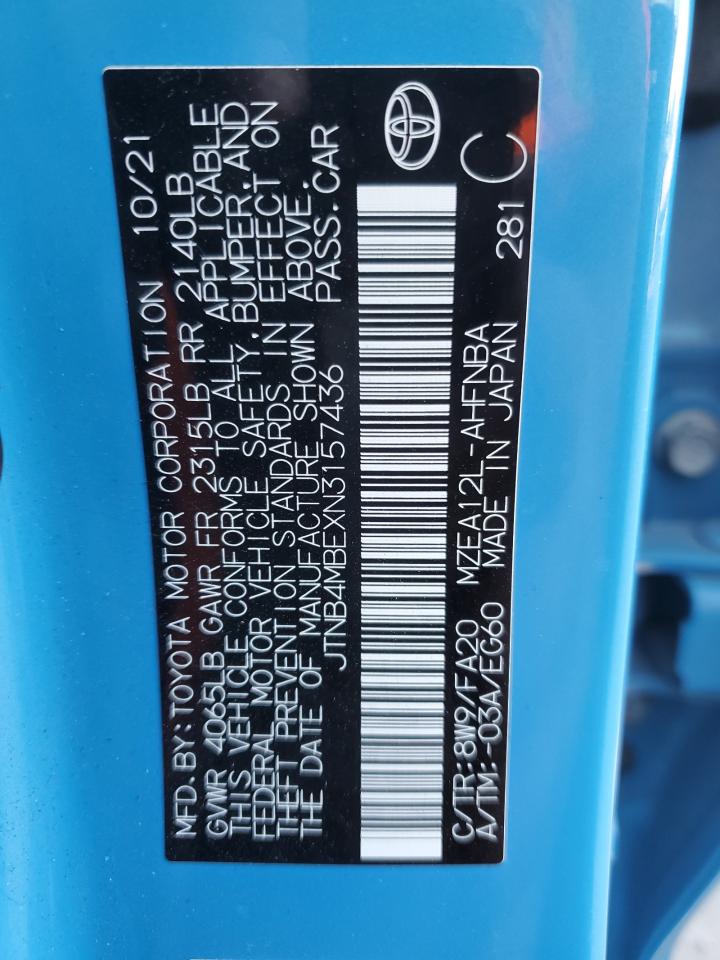 2022 TOYOTA COROLLA SE VIN:JTNB4MBEXN3157436