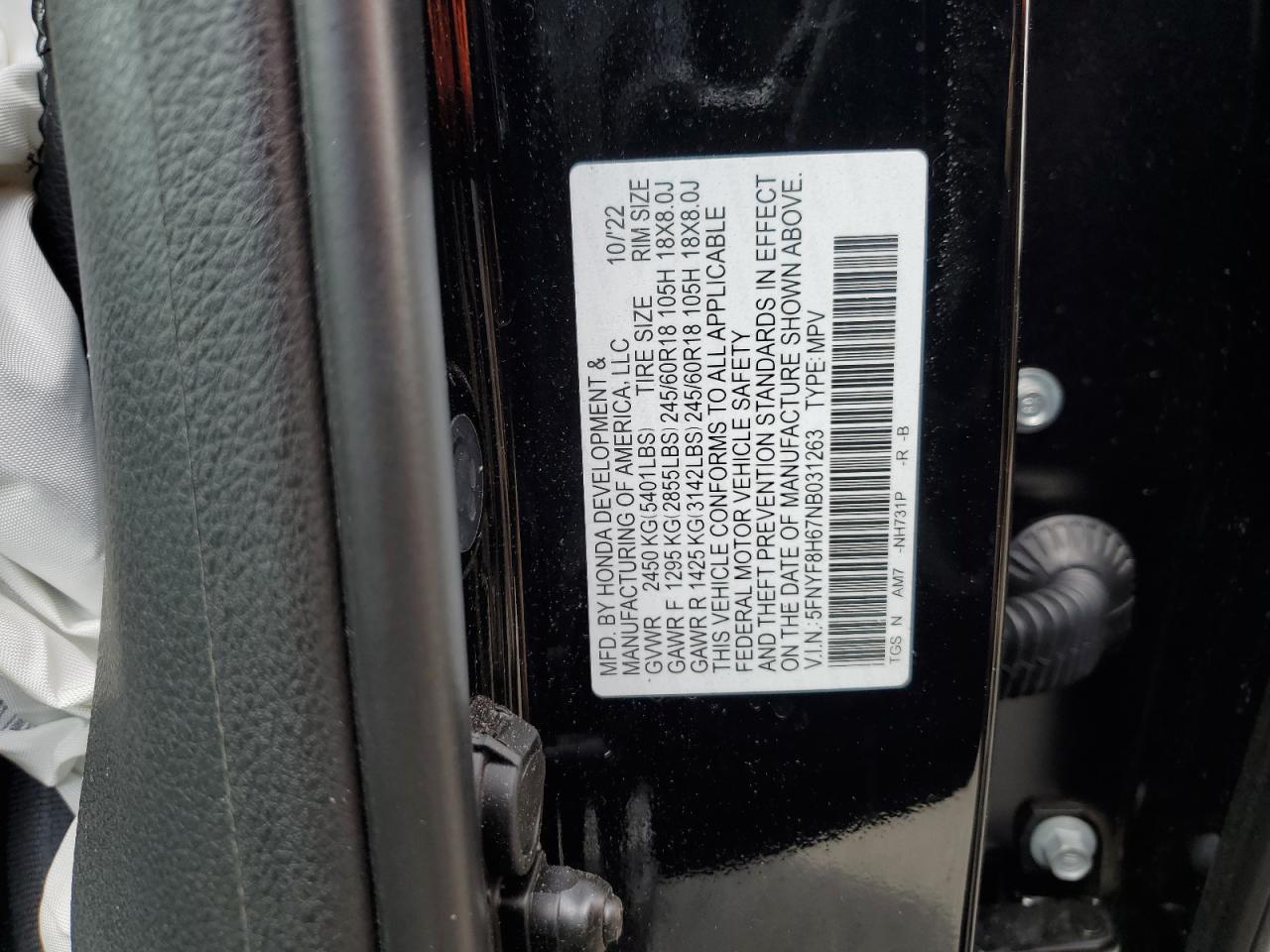 2022 HONDA PASSPORT TRAIL SPORT VIN:5FNYF8H67NB031263