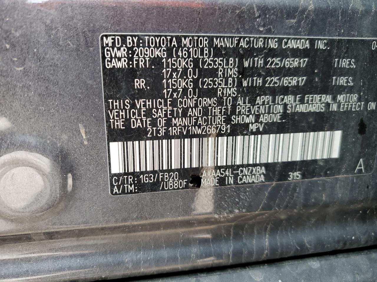 2022 TOYOTA RAV4 LE VIN:2T3F1RFV1NW266791