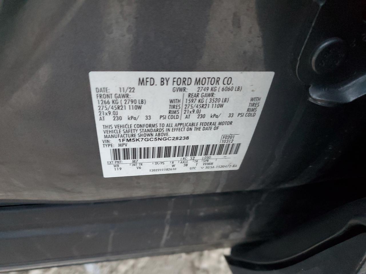 2022 FORD EXPLORER ST VIN:1FM5K7GC5NGC28238