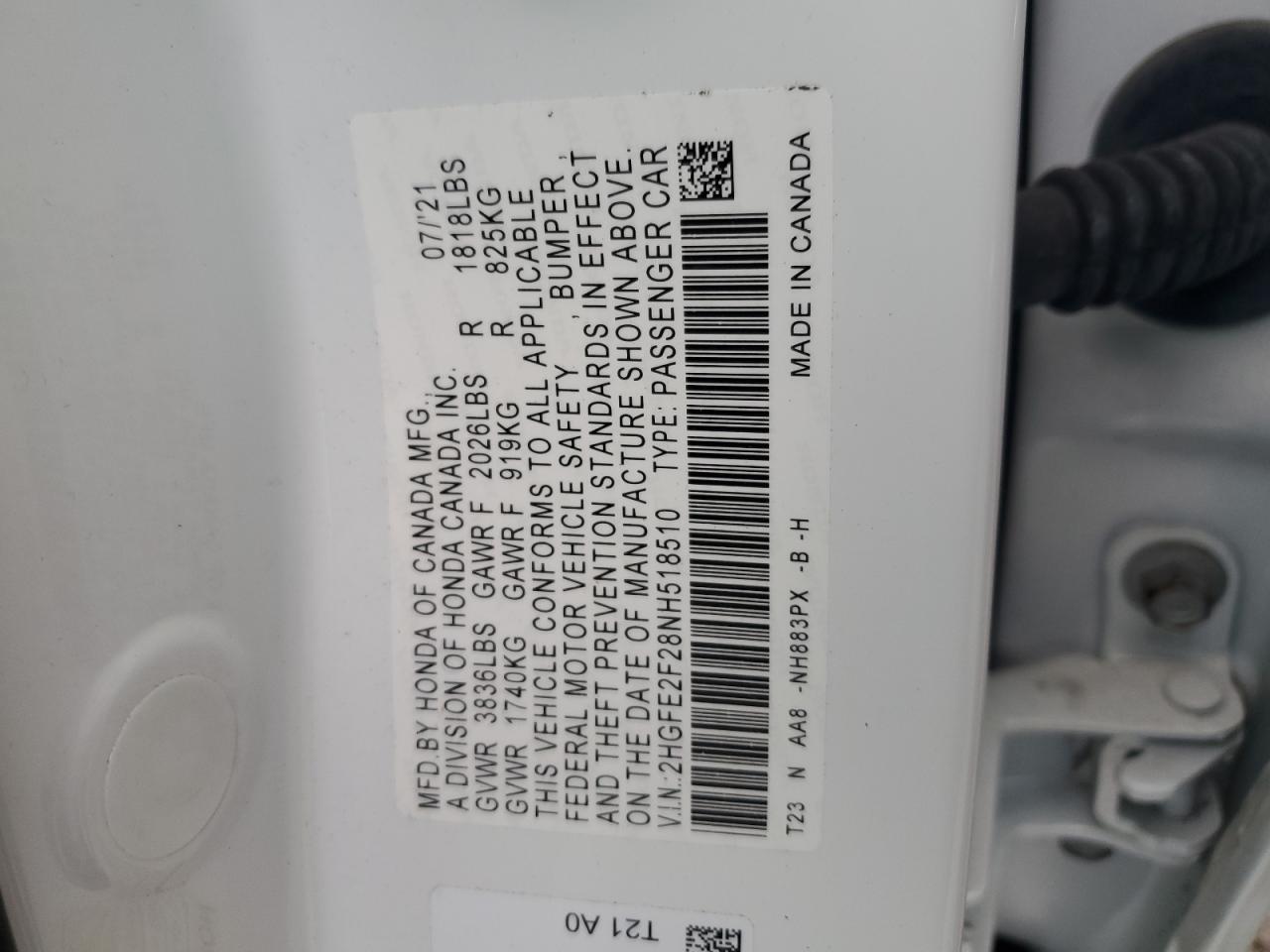 2022 HONDA CIVIC LX VIN:2HGFE2F28NH518510