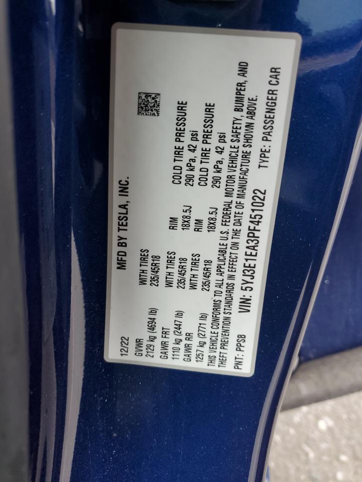 2023 TESLA MODEL 3  VIN:5YJ3E1EA3PF451022