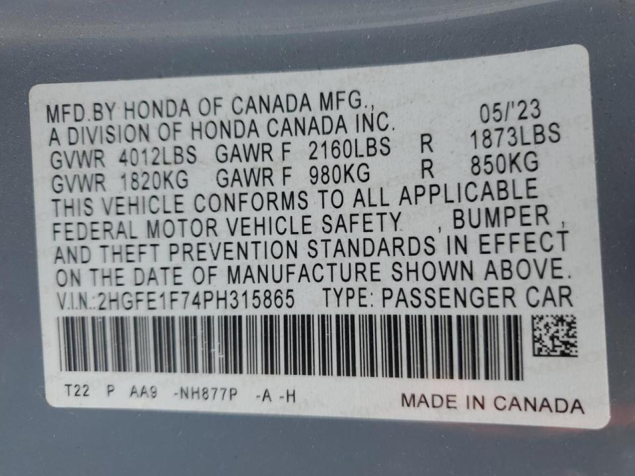 2023 HONDA CIVIC EX VIN:2HGFE1F74PH315865