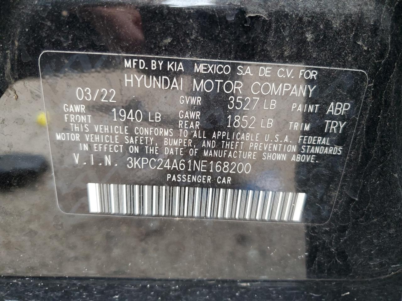 2022 HYUNDAI ACCENT SE VIN:3KPC24A61NE168200