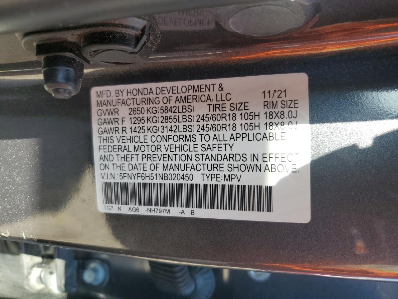 2022 HONDA PILOT EXL VIN:5FNYF6H51NB020450