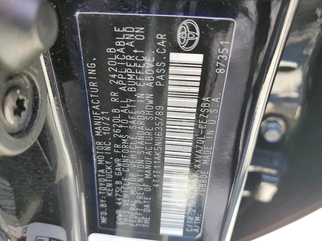 2022 TOYOTA CAMRY SE VIN:4T1T11AK5NU635789