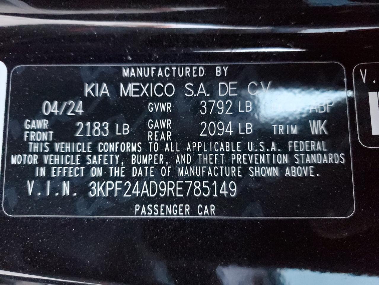 2024 KIA FORTE LX VIN:3KPF24AD9RE785149