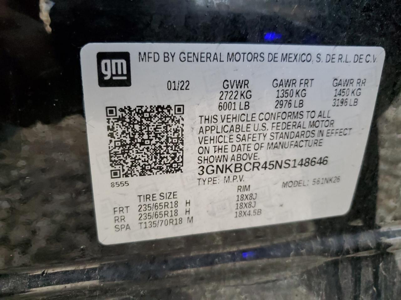 2022 CHEVROLET BLAZER 2LT VIN:3GNKBCR45NS148646