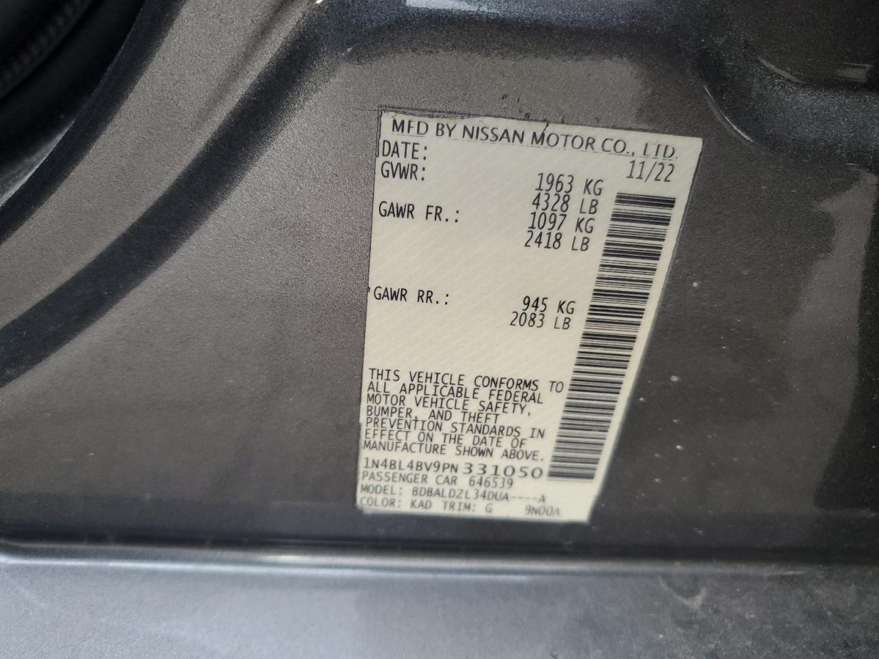 2023 NISSAN ALTIMA S VIN:1N4BL4BV9PN331050