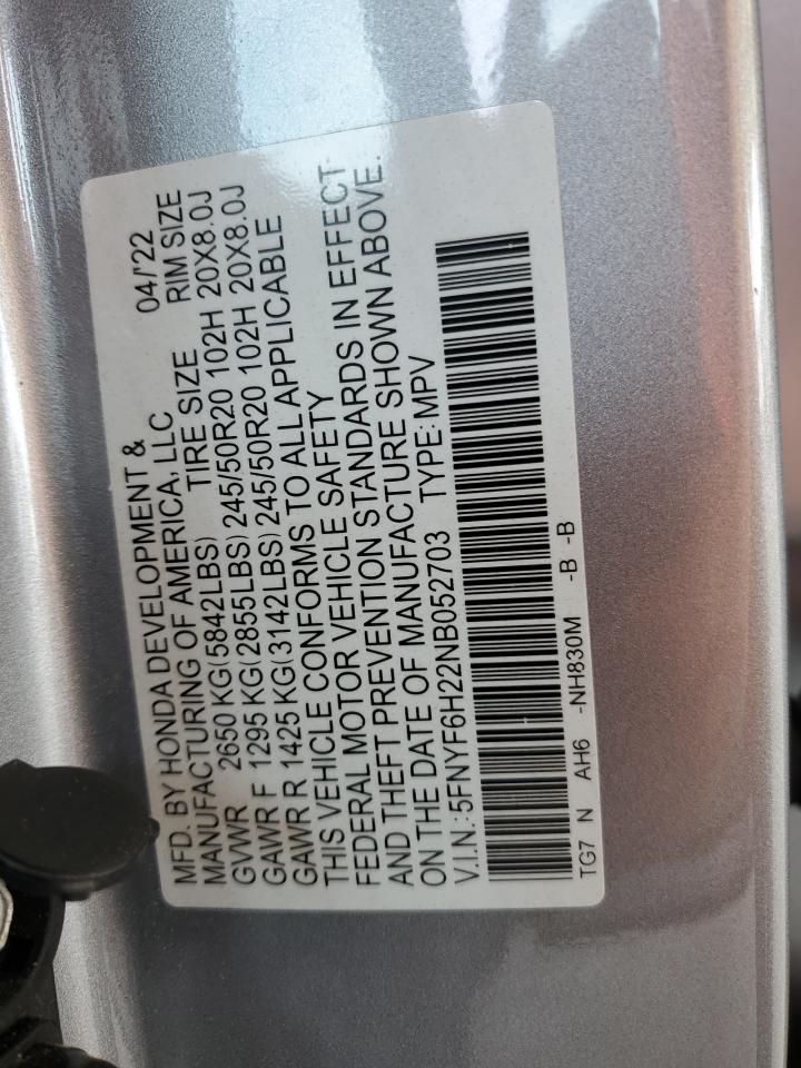2022 HONDA PILOT SE VIN:5FNYF6H22NB052703