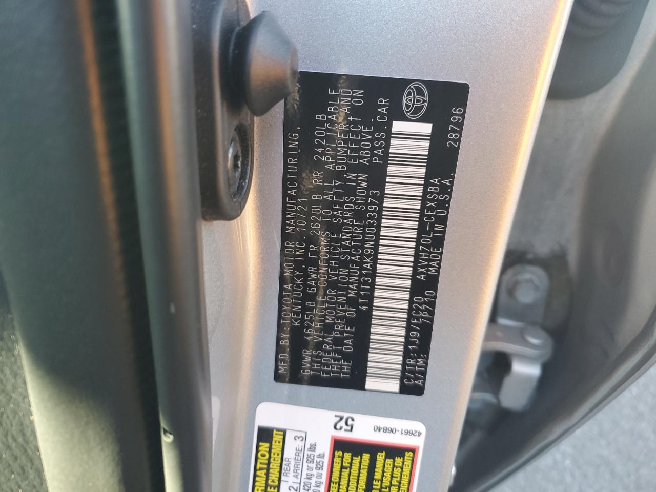 2022 TOYOTA CAMRY NIGHT SHADE VIN:4T1T31AK9NU033973