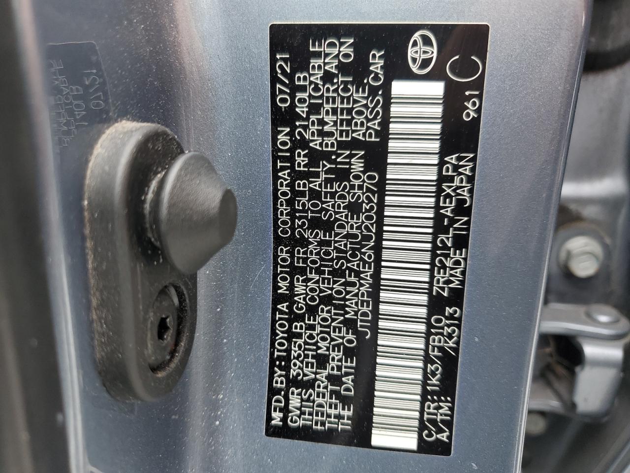 2022 TOYOTA COROLLA LE VIN:JTDEPMAE6NJ203270