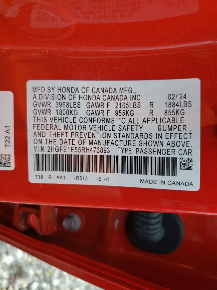 2024 HONDA CIVIC SI VIN:2HGFE1E55RH473893