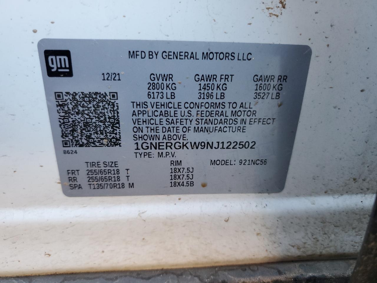 2022 CHEVROLET TRAVERSE LT VIN:1GNERGKW9NJ122502