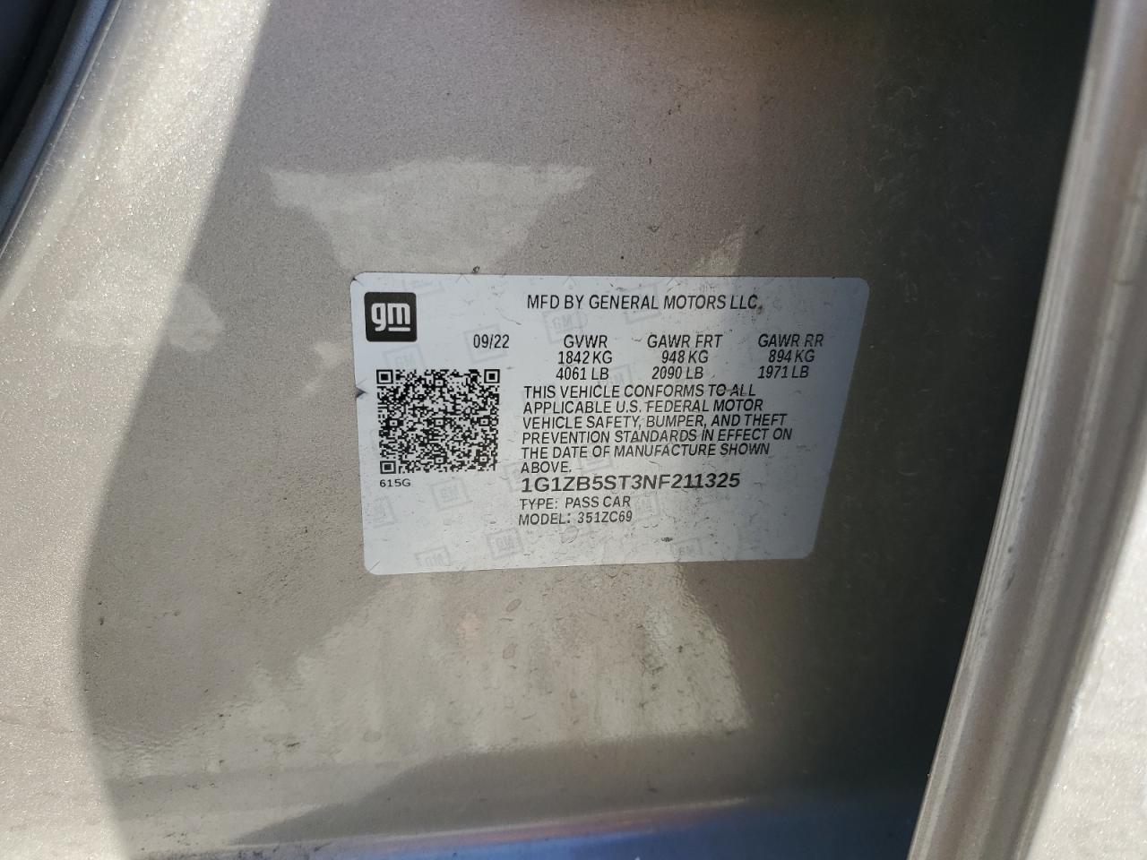 2022 CHEVROLET MALIBU LS VIN:1G1ZB5ST3NF211325