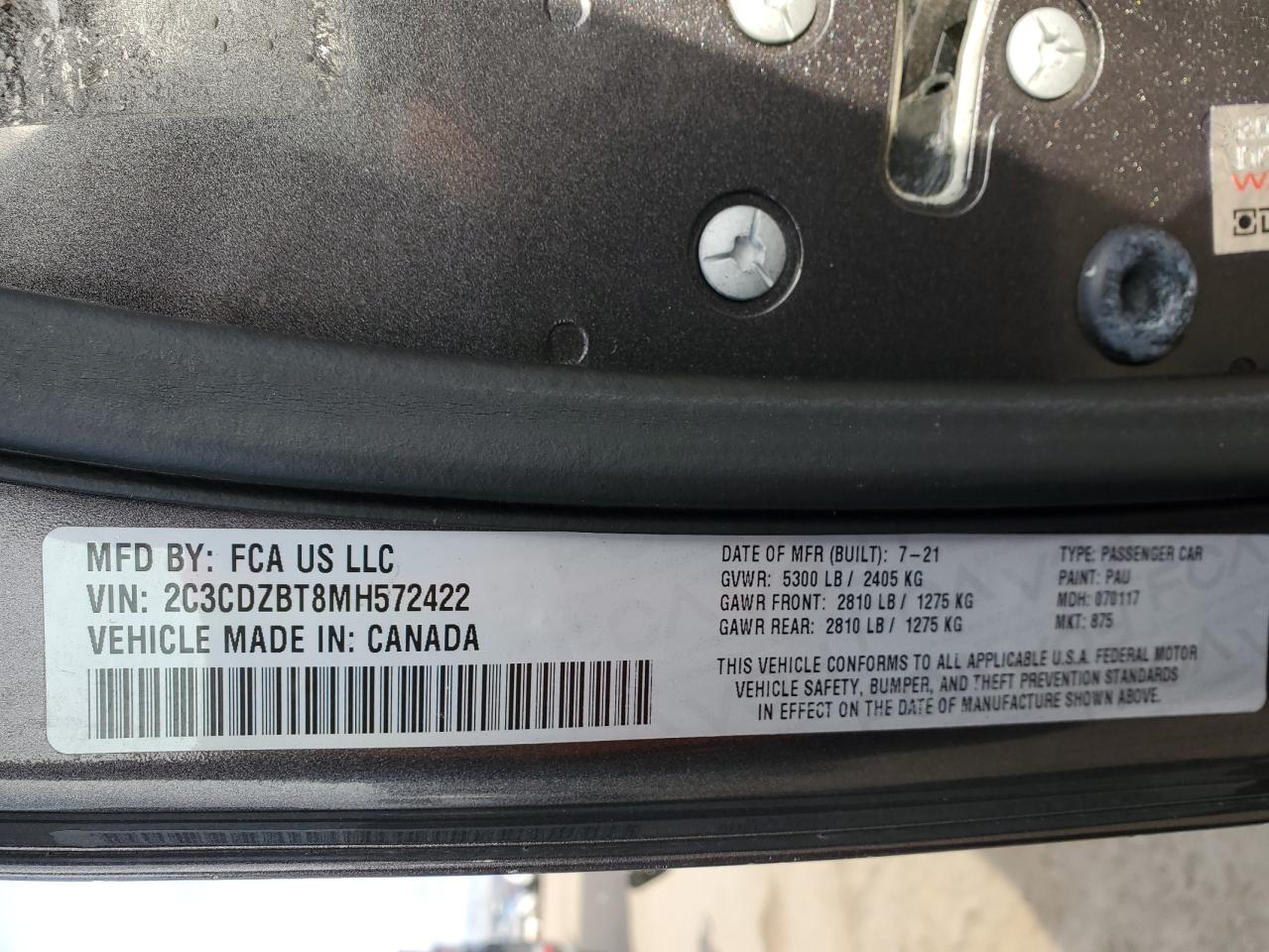 2024 DODGE CHALLENGER R/T VIN:2C3CDZBT8MH572422