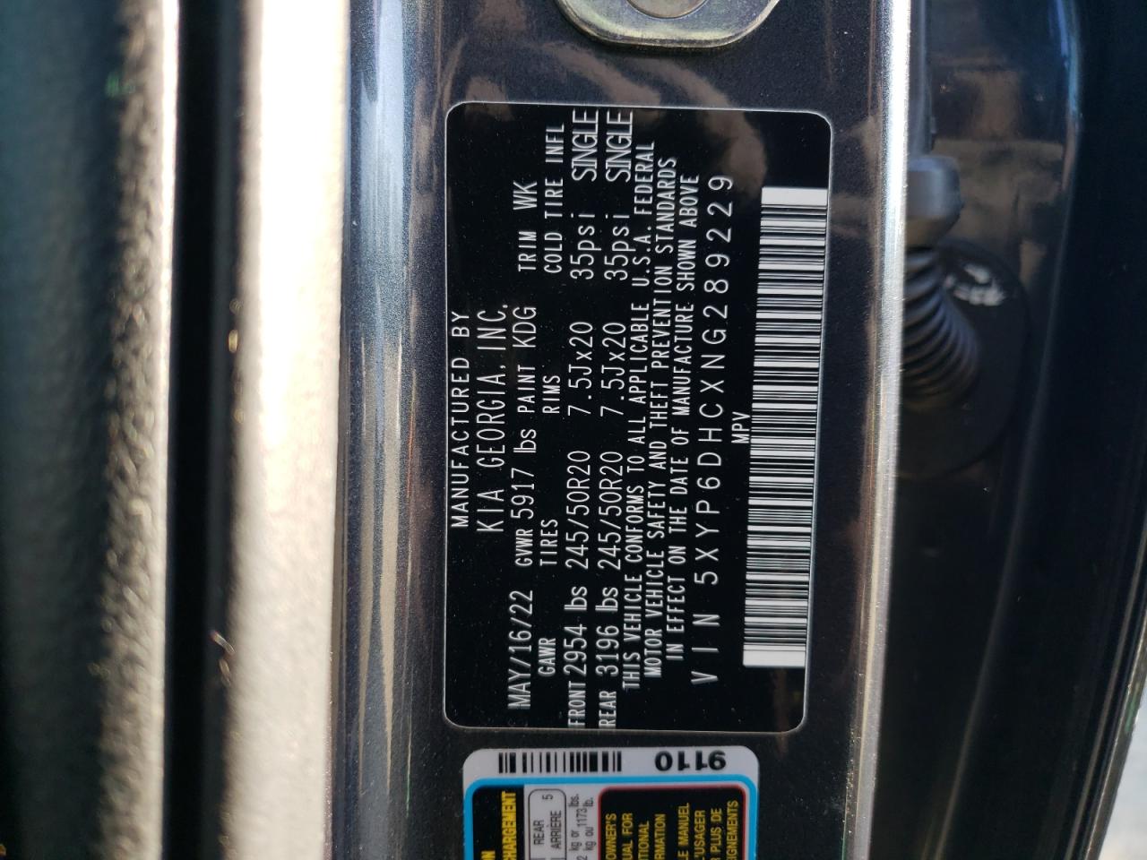 2022 KIA TELLURIDE S VIN:5XYP6DHCXNG289229