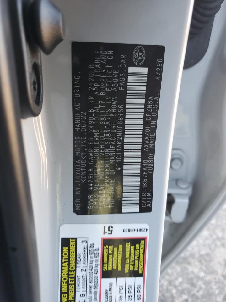 2022 TOYOTA CAMRY LE VIN:4T1C11AK2NU068456