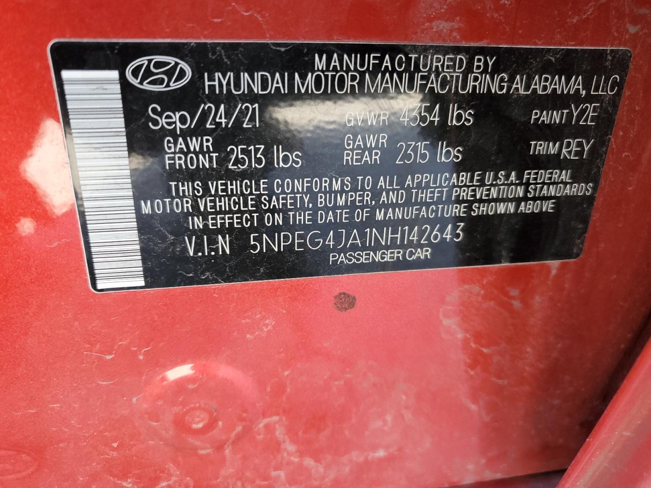 2022 HYUNDAI SONATA SE VIN:5NPEG4JA1NH142643