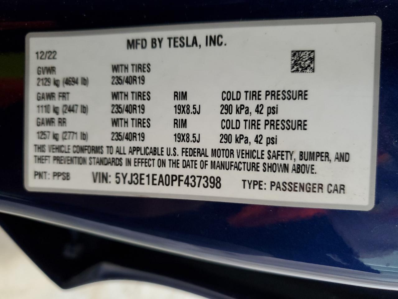 2023 TESLA MODEL 3  VIN:WP0AA2A8XNS255297