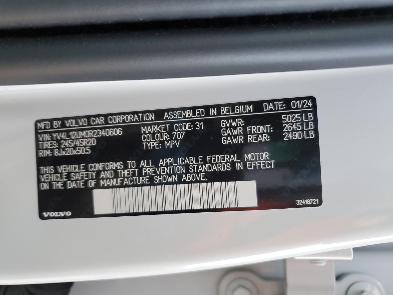 2024 VOLVO XC40 ULTIMATE VIN:YV4L12UM0R2340606