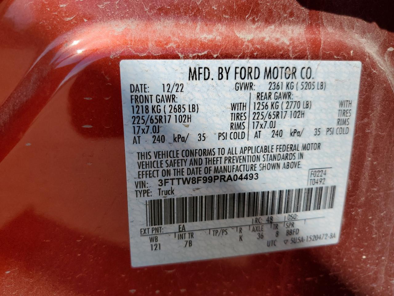 2023 FORD MAVERICK XL VIN:3FTTW8F99PRA04493