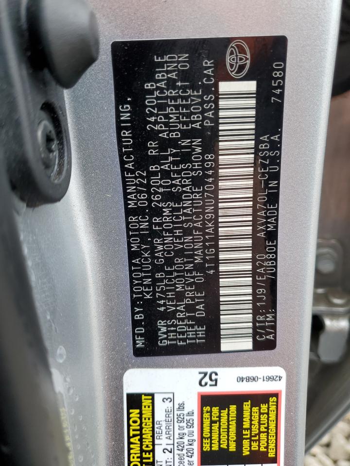 2022 TOYOTA CAMRY SE VIN:4T1G11AK9NU704498