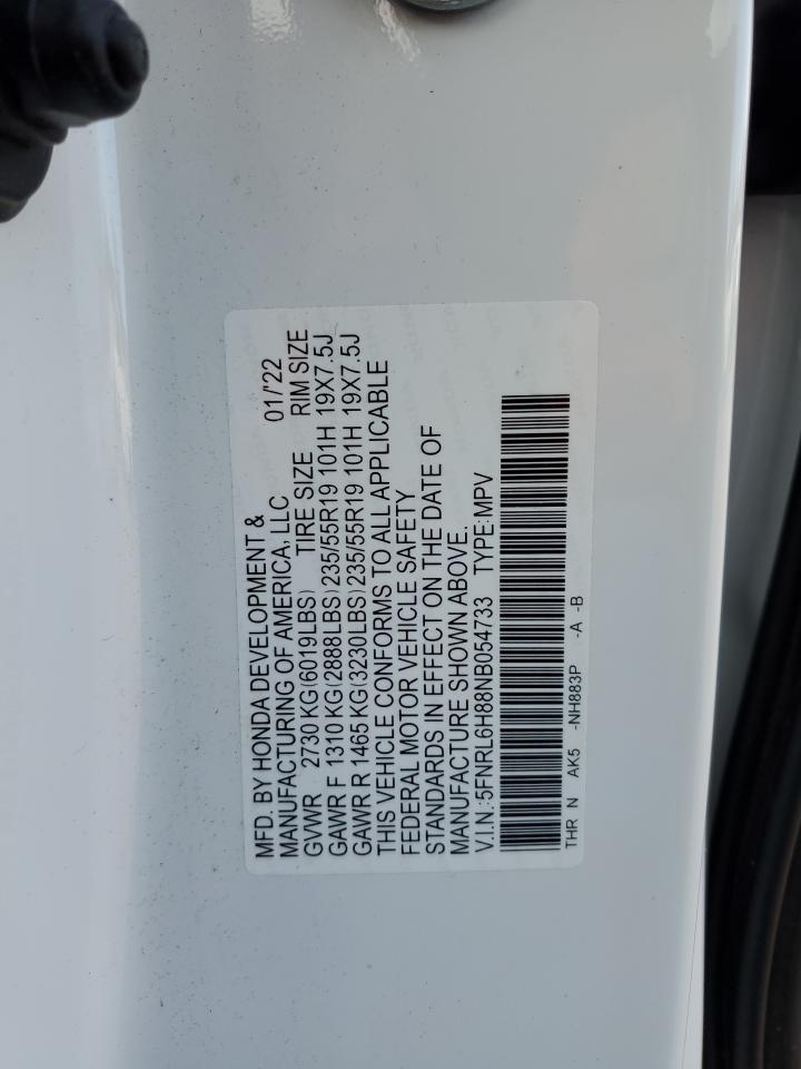 2022 HONDA ODYSSEY TOURING VIN:5FNRL6H88NB054733