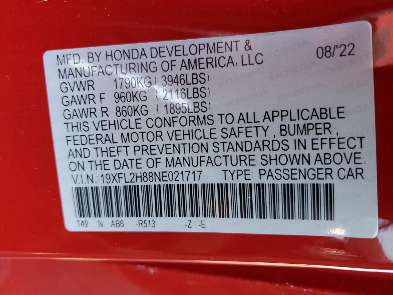 2022 HONDA CIVIC SPORT VIN:19XFL2H88NE021717