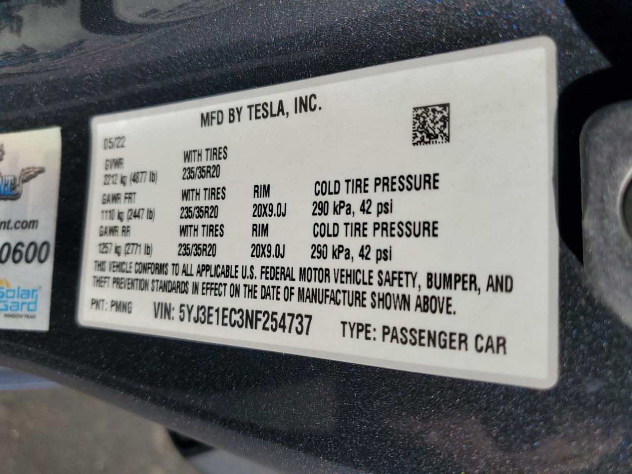 2022 TESLA MODEL 3  VIN:5YJ3E1EC3NF254737