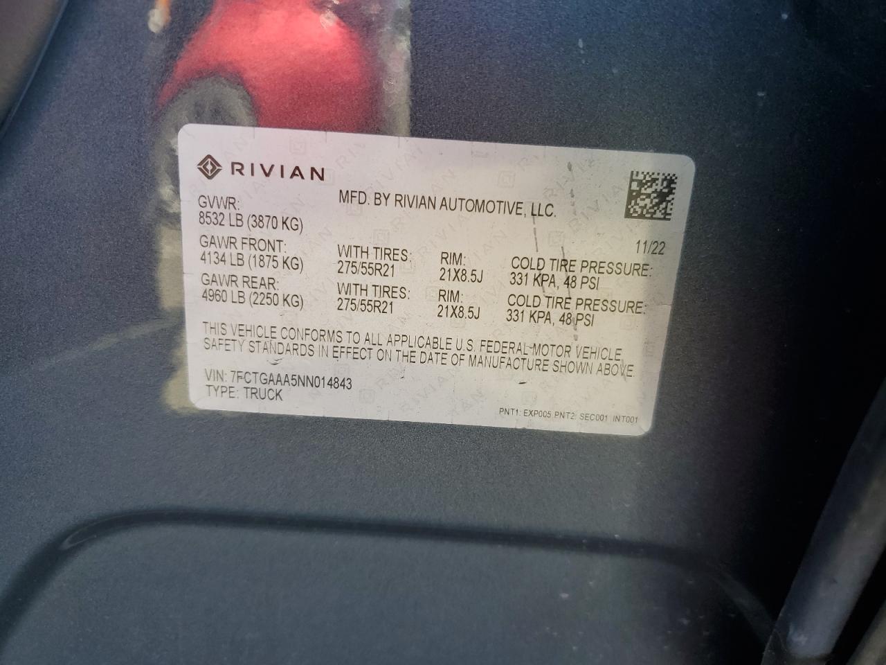 2022 RIVIAN R1T ADVENTURE VIN:7FCTGAAA5NN014843