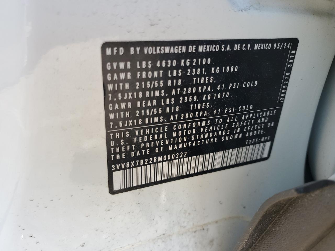 2024 VOLKSWAGEN TAOS S VIN:3VV8X7B22RM090222