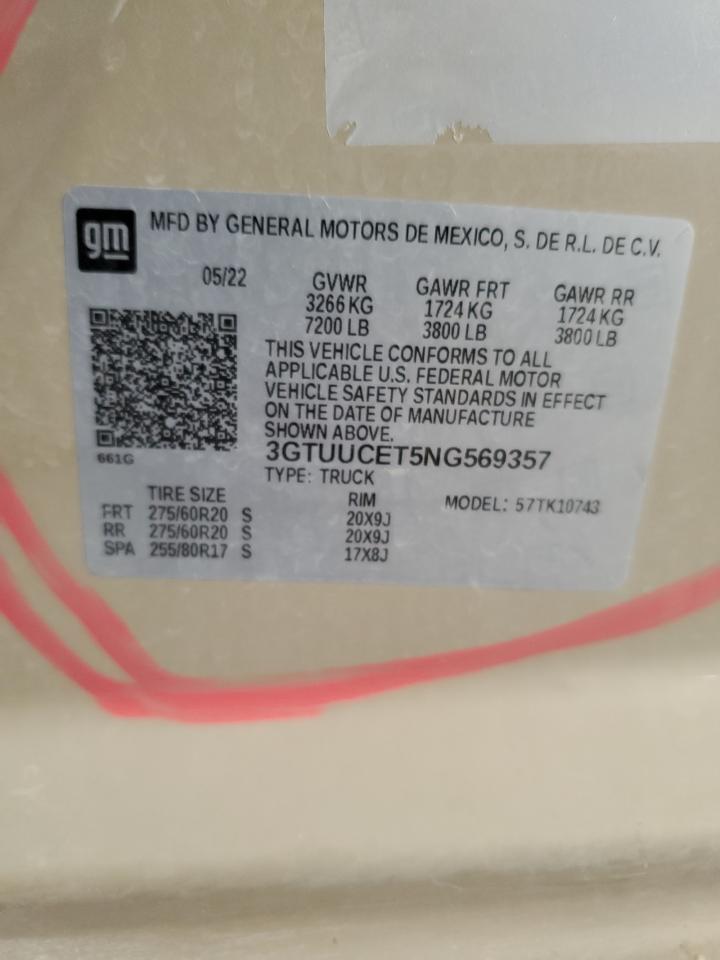 2022 GMC SIERRA K1500 ELEVATION VIN:3GTUUCET5NG569357