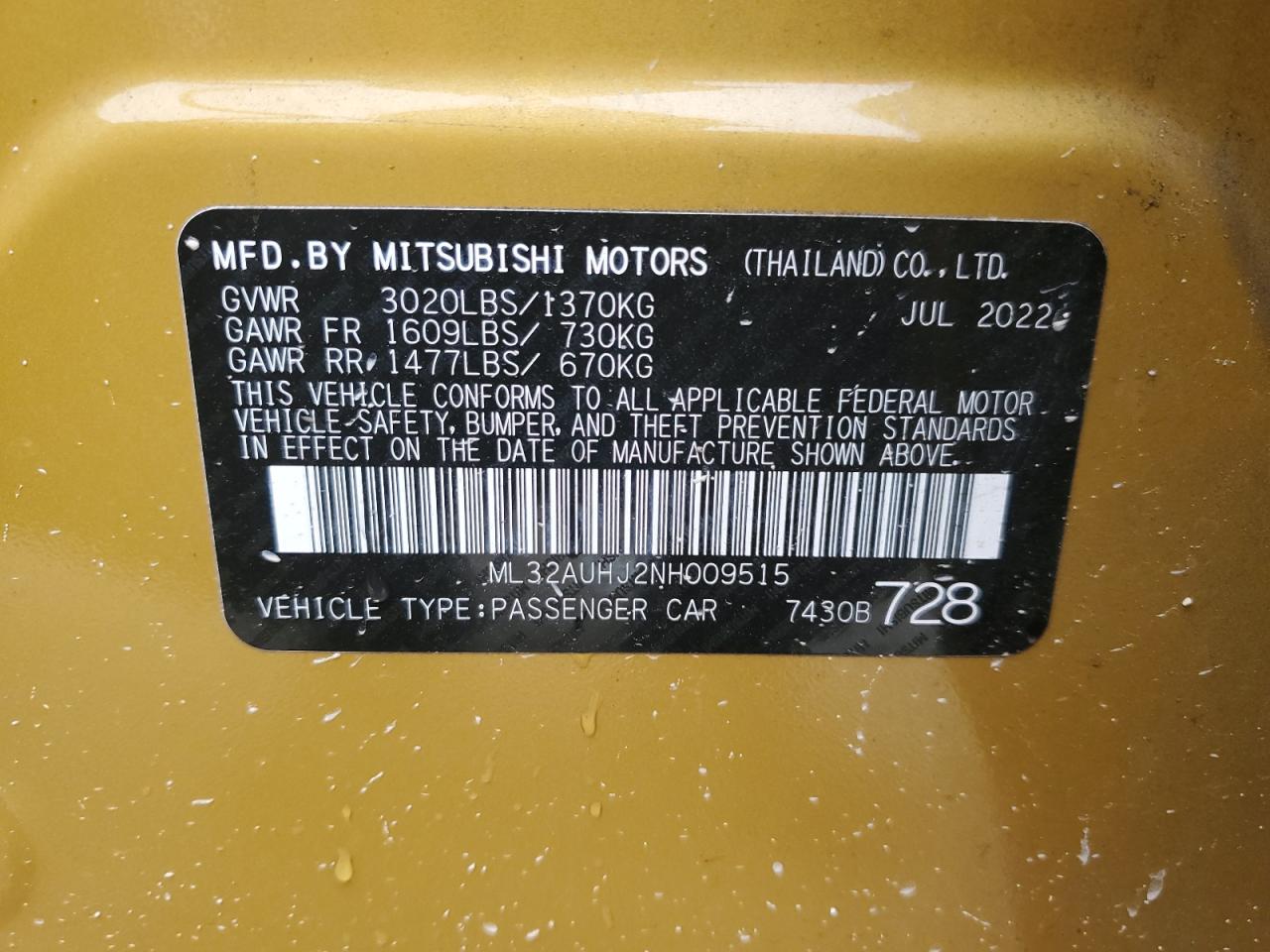 2022 MITSUBISHI MIRAGE ES VIN:ML32AUHJ2NH009515